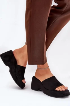 Klapki Na Koturnie|Klapki Na Platformie>Boto Eko Zamszowe Klapki Damskie Na Platformie I Koturnie Czarne Afisal Czarny