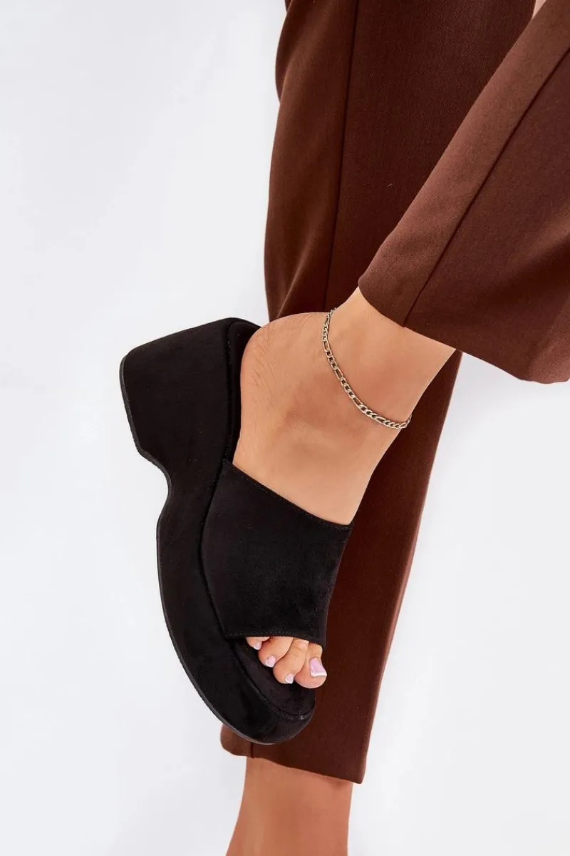 Klapki Na Koturnie|Klapki Na Platformie>Boto Eko Zamszowe Klapki Damskie Na Platformie I Koturnie Czarne Afisal Czarny