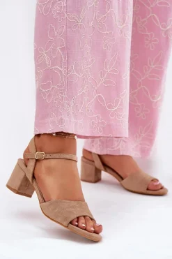 Outlet Eko Zamszowe Klasyczne Sandały Damskie Na Obcasie Beżowe Zarnella Damskie Sandały Na Obcasie