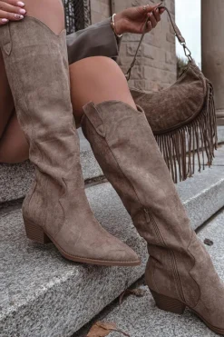 Eko Zamszowe Kozaki Kowbojki Damskie Na Obcasie Beżowe Jenaya Damskie Kozaki Na Słupku|Kozaki Przed Kolano