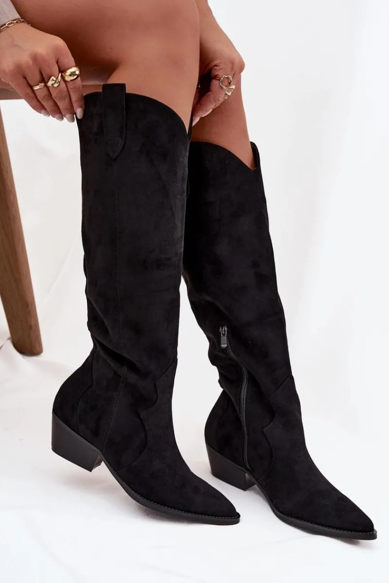 Kozaki Na Słupku|Kozaki Przed Kolano>Boto Eko Zamszowe Kozaki Kowbojki Damskie Na Obcasie Czarne Jenaya Czarny
