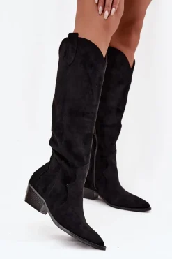 Kozaki Na Słupku|Kozaki Przed Kolano>Boto Eko Zamszowe Kozaki Kowbojki Damskie Na Obcasie Czarne Jenaya Czarny