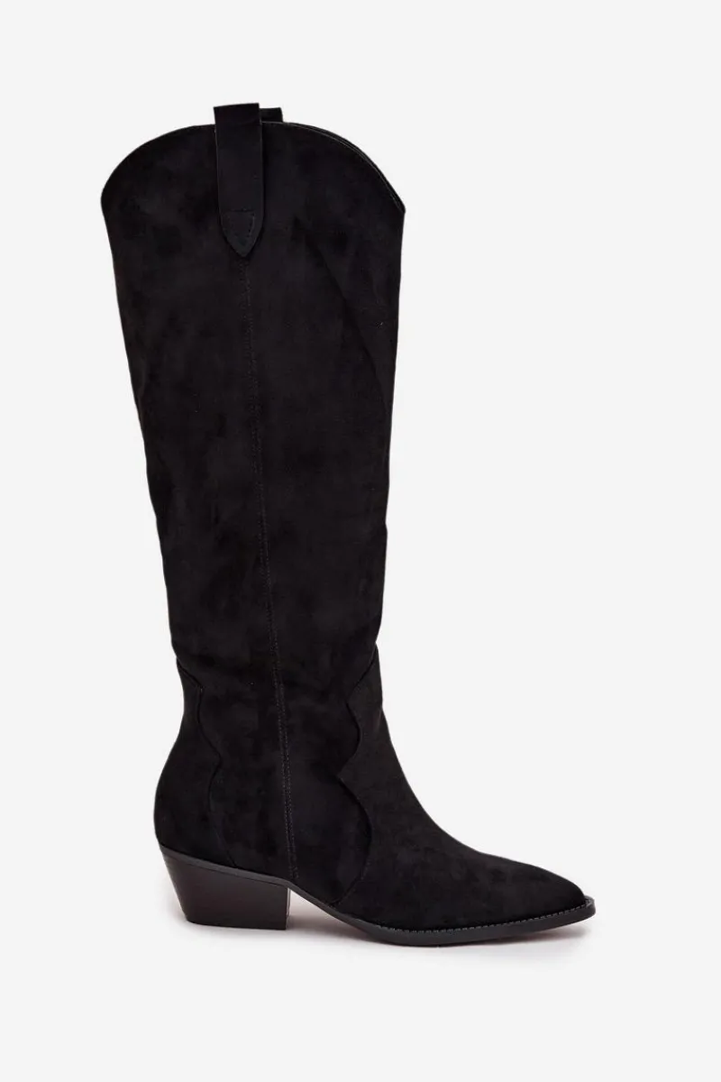 Kozaki Na Słupku|Kozaki Przed Kolano>Boto Eko Zamszowe Kozaki Kowbojki Damskie Na Obcasie Czarne Jenaya Czarny