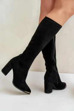 Sale Boto Eko Zamszowe Kozaki Na Słupkowym Obcasie Czarne Batirae