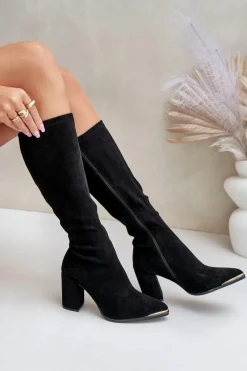 Sale Boto Eko Zamszowe Kozaki Na Słupkowym Obcasie Czarne Batirae