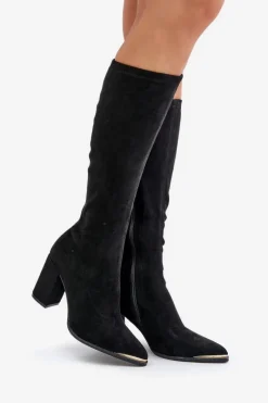 Sale Boto Eko Zamszowe Kozaki Na Słupkowym Obcasie Czarne Batirae