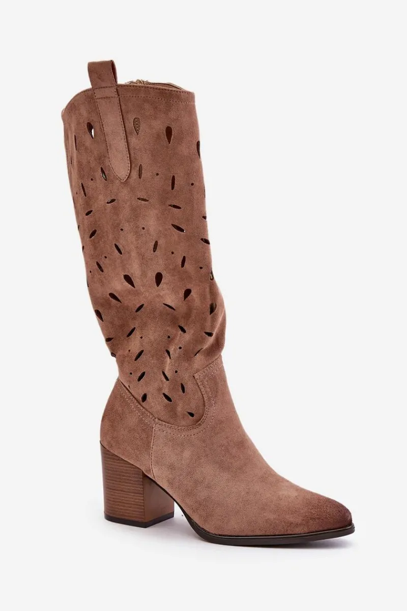 Best Buty damskie Vinceza Eko Zamszowe Kozaki Na Słupku Z Ażurowym Wzorem Vinceza 58344 Ciemnobeżowe