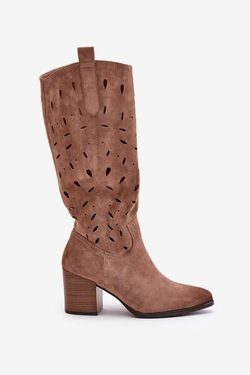 Best Buty damskie Vinceza Eko Zamszowe Kozaki Na Słupku Z Ażurowym Wzorem Vinceza 58344 Ciemnobeżowe