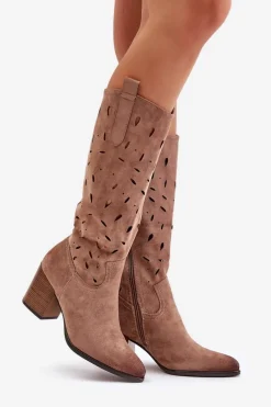 Best Buty damskie Vinceza Eko Zamszowe Kozaki Na Słupku Z Ażurowym Wzorem Vinceza 58344 Ciemnobeżowe