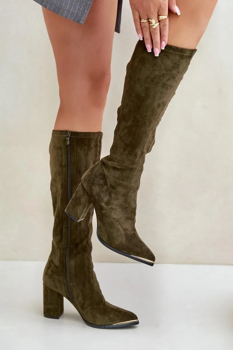 Hot Eko Zamszowe Kozaki Na Słupkowym Obcasie Ciemnozielone Batirae Damskie Kozaki Ocieplane|Kozaki Na Słupku