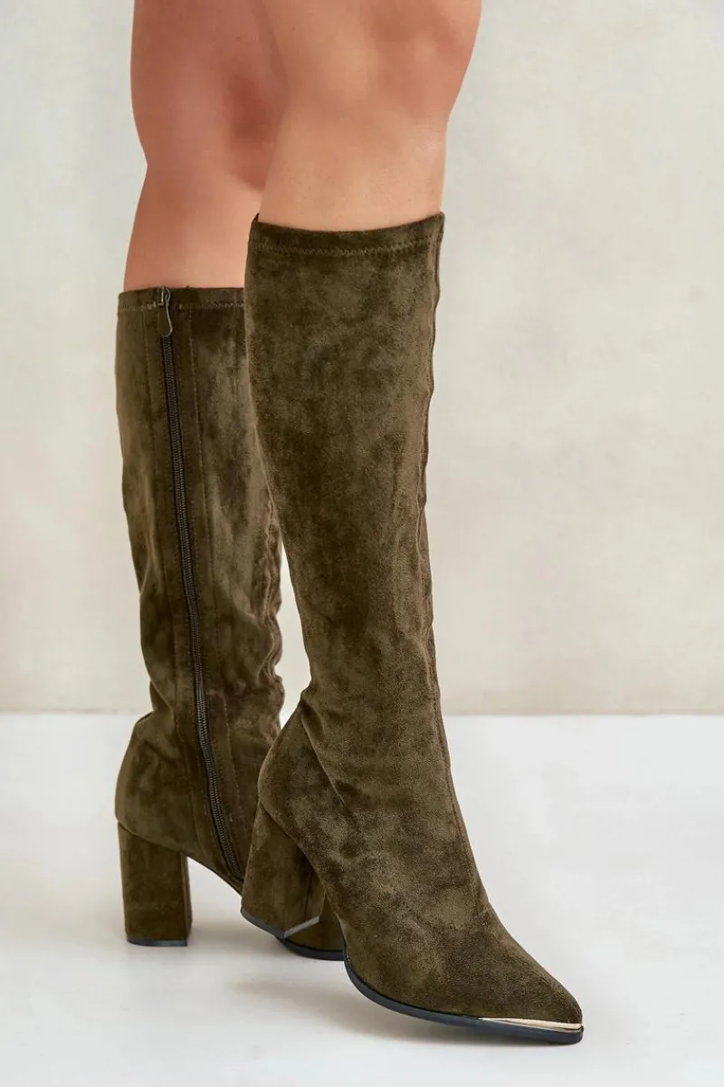 Hot Eko Zamszowe Kozaki Na Słupkowym Obcasie Ciemnozielone Batirae Damskie Kozaki Ocieplane|Kozaki Na Słupku