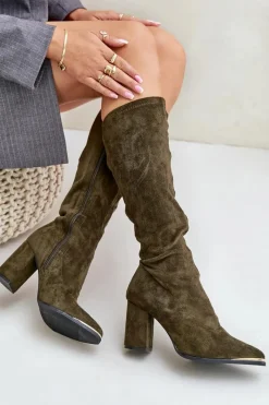 Hot Eko Zamszowe Kozaki Na Słupkowym Obcasie Ciemnozielone Batirae Damskie Kozaki Ocieplane|Kozaki Na Słupku