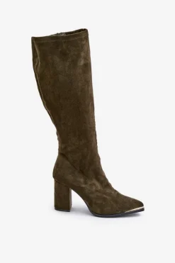 Hot Eko Zamszowe Kozaki Na Słupkowym Obcasie Ciemnozielone Batirae Damskie Kozaki Ocieplane|Kozaki Na Słupku