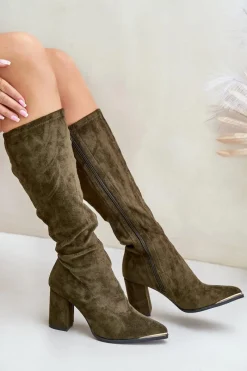 Hot Eko Zamszowe Kozaki Na Słupkowym Obcasie Ciemnozielone Batirae Damskie Kozaki Ocieplane|Kozaki Na Słupku