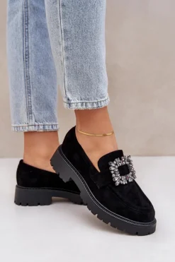 Outlet Boto Eko Zamszowe Mokasyny Damskie Z Ozdobną Broszką Czarne Valiana