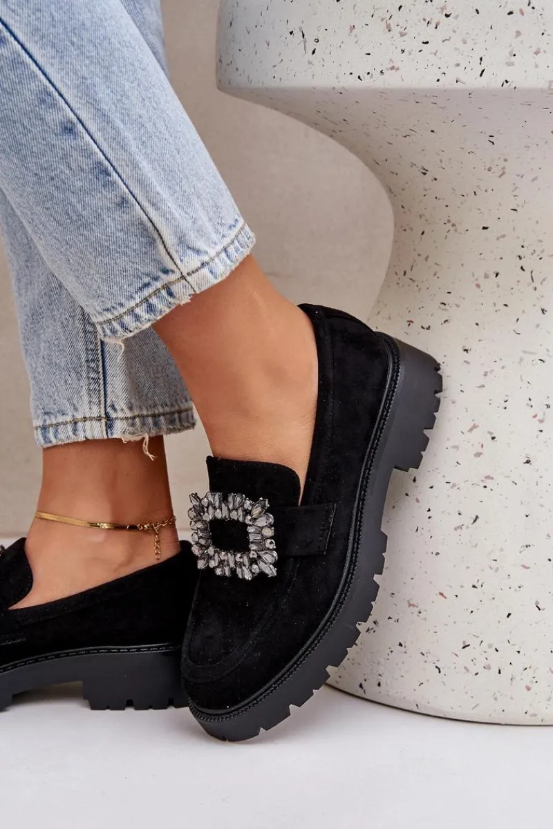Outlet Boto Eko Zamszowe Mokasyny Damskie Z Ozdobną Broszką Czarne Valiana