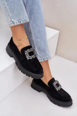 Outlet Boto Eko Zamszowe Mokasyny Damskie Z Ozdobną Broszką Czarne Valiana