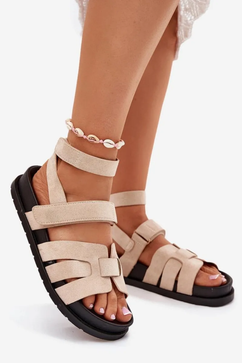 Sandały Płaskie>Boto Eko Zamszowe Sandały Damskie Z Rzepami Beżowe Valpera Beżowy