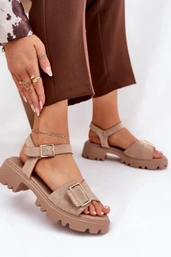 Sandały Płaskie>Boto Eko Zamszowe Sandały Damskie Z Klamrą Beżowe Gofielle