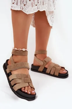 Online Eko Zamszowe Sandały Damskie Z Rzepami Ciemnobeżowe Valpera Damskie Sandały Płaskie