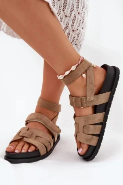 Online Eko Zamszowe Sandały Damskie Z Rzepami Ciemnobeżowe Valpera Damskie Sandały Płaskie