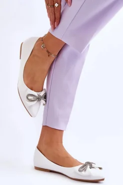 New Boto Eleganckie Baleriny Z Kokardą I Dżetami Białe One Time