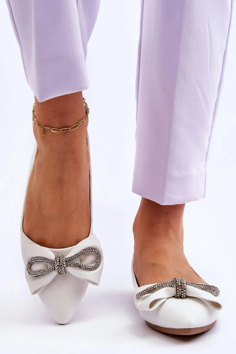 New Boto Eleganckie Baleriny Z Kokardą I Dżetami Białe One Time