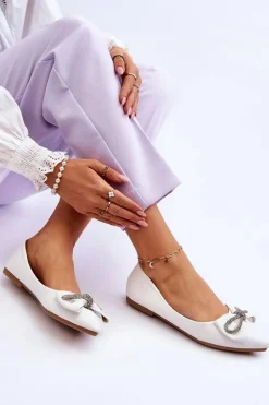 New Boto Eleganckie Baleriny Z Kokardą I Dżetami Białe One Time