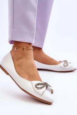 New Boto Eleganckie Baleriny Z Kokardą I Dżetami Białe One Time