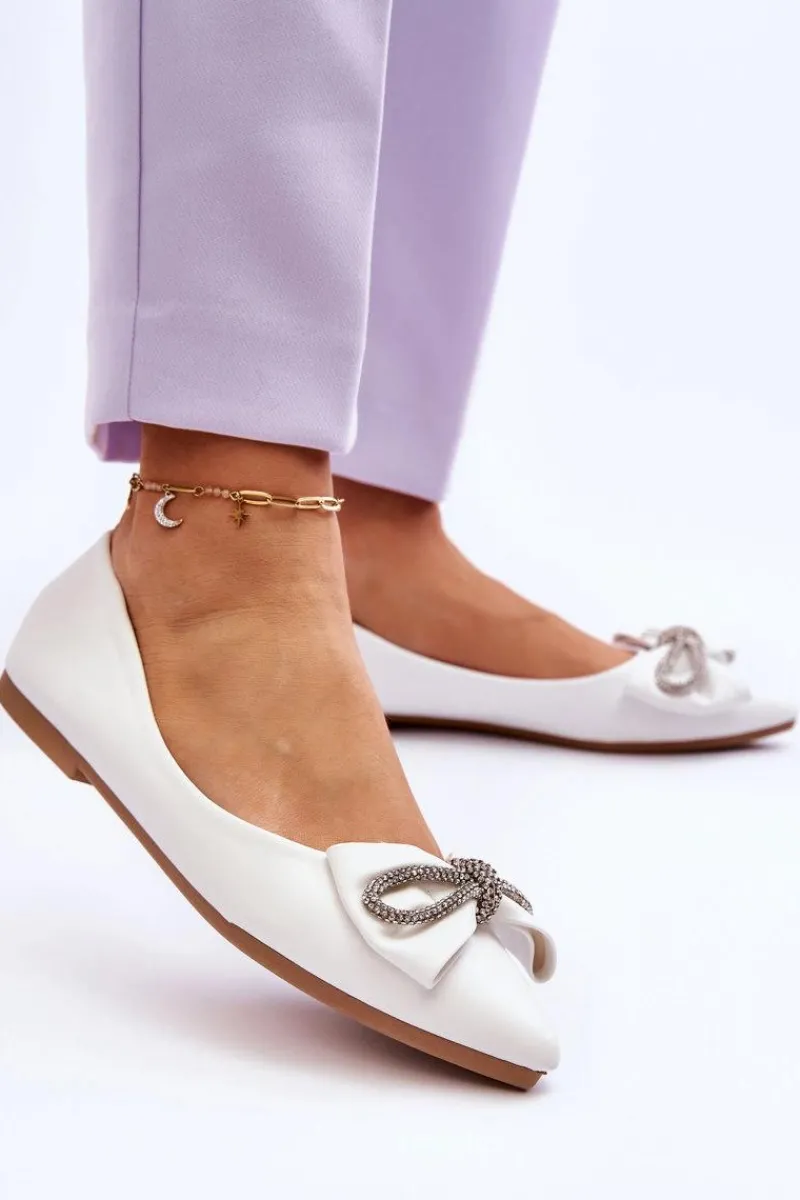 New Boto Eleganckie Baleriny Z Kokardą I Dżetami Białe One Time