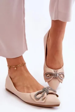 Baleriny Klasyczne></noscript>Boto Eleganckie Baleriny Z Kokardą I Dżetami Beżowe One Time