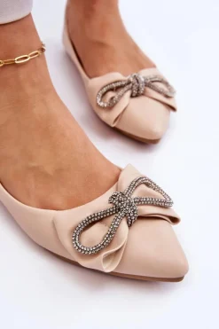 Baleriny Klasyczne></noscript>Boto Eleganckie Baleriny Z Kokardą I Dżetami Beżowe One Time