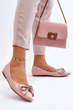 New Boto Eleganckie Baleriny Z Kokardą I Dżetami Różowe One Time