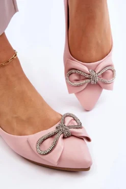 New Boto Eleganckie Baleriny Z Kokardą I Dżetami Różowe One Time