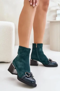 Clearance Eleganckie Botki Damskie Na Obcasie Z Ozdobą Ciemnozielone MR880-127 Damskie Botki Zimowe Damskie|Botki Na Obcasie