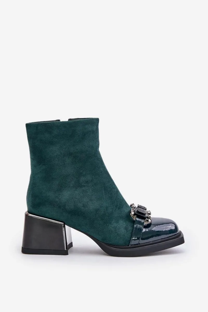 Clearance Eleganckie Botki Damskie Na Obcasie Z Ozdobą Ciemnozielone MR880-127 Damskie Botki Zimowe Damskie|Botki Na Obcasie