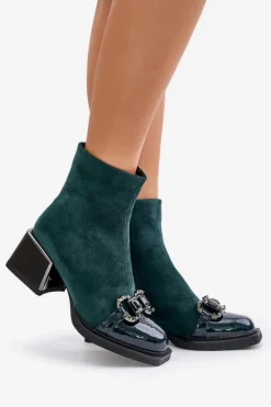 Clearance Eleganckie Botki Damskie Na Obcasie Z Ozdobą Ciemnozielone MR880-127 Damskie Botki Zimowe Damskie|Botki Na Obcasie