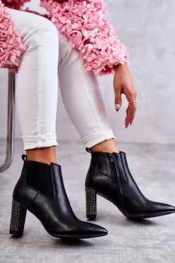 Sale Eleganckie Botki Na Słupku Z Dżetami Czarne Elinor Damskie Botki Na Słupku|Czarne Botki