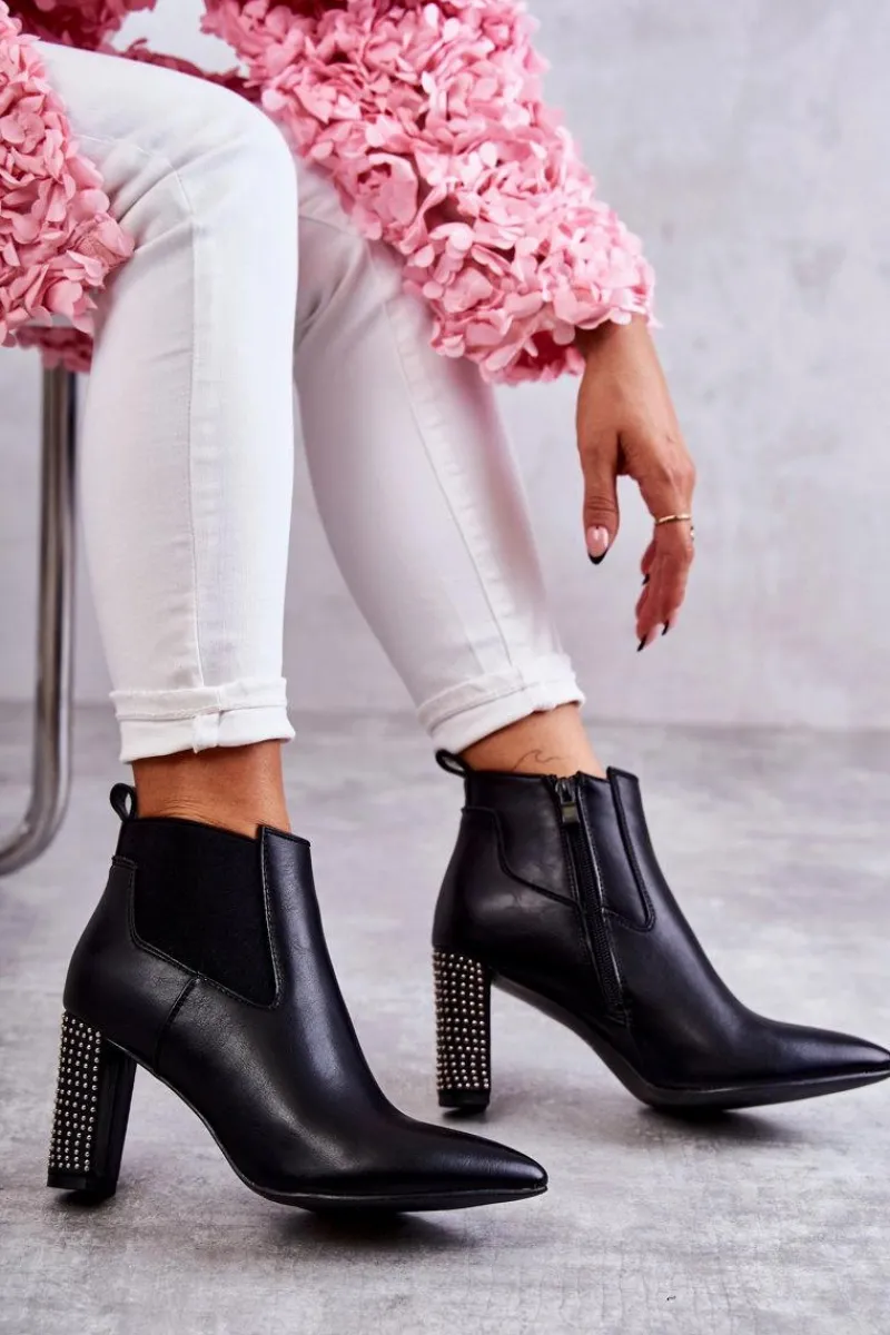 Sale Eleganckie Botki Na Słupku Z Dżetami Czarne Elinor Damskie Botki Na Słupku|Czarne Botki