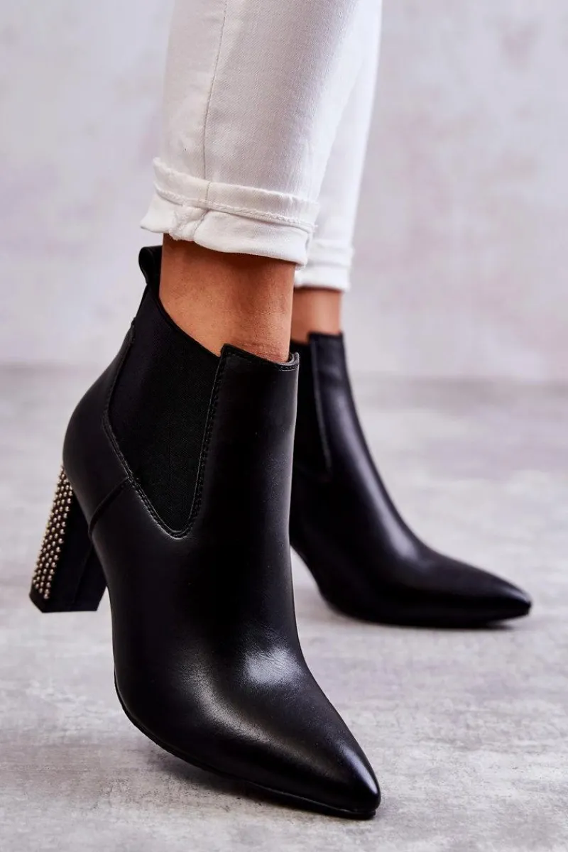 Sale Eleganckie Botki Na Słupku Z Dżetami Czarne Elinor Damskie Botki Na Słupku|Czarne Botki