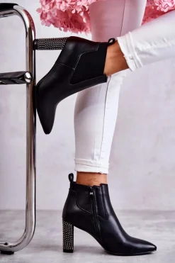 Sale Eleganckie Botki Na Słupku Z Dżetami Czarne Elinor Damskie Botki Na Słupku|Czarne Botki