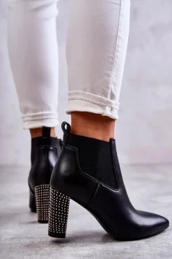 Sale Eleganckie Botki Na Słupku Z Dżetami Czarne Elinor Damskie Botki Na Słupku|Czarne Botki