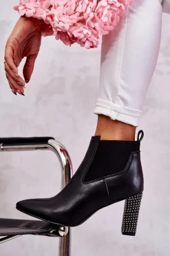 Sale Eleganckie Botki Na Słupku Z Dżetami Czarne Elinor Damskie Botki Na Słupku|Czarne Botki