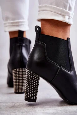 Sale Eleganckie Botki Na Słupku Z Dżetami Czarne Elinor Damskie Botki Na Słupku|Czarne Botki