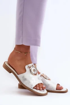 Clearance Eleganckie Błyszczące Klapki Damskie Z Ozdobą S.Barski KV27-032 Srebrne Damskie Klapki Damskie Klasyczne