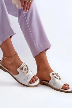 Clearance Eleganckie Błyszczące Klapki Damskie Z Ozdobą S.Barski KV27-032 Srebrne Damskie Klapki Damskie Klasyczne