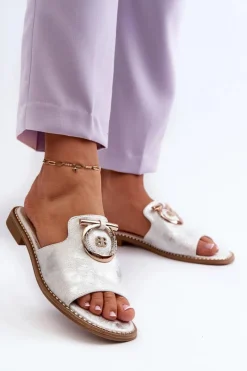 Clearance Eleganckie Błyszczące Klapki Damskie Z Ozdobą S.Barski KV27-032 Srebrne Damskie Klapki Damskie Klasyczne