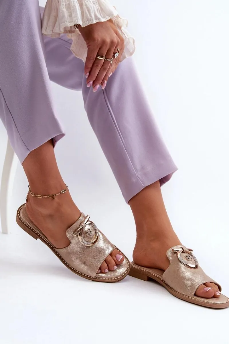 Clearance Damskie buty S.Barski Eleganckie Błyszczące Klapki Damskie Z Ozdobą S.Barski KV27-032 Złote