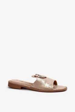 Clearance Damskie buty S.Barski Eleganckie Błyszczące Klapki Damskie Z Ozdobą S.Barski KV27-032 Złote