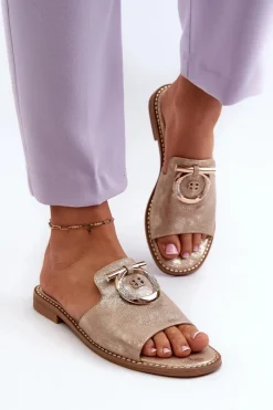 Clearance Damskie buty S.Barski Eleganckie Błyszczące Klapki Damskie Z Ozdobą S.Barski KV27-032 Złote